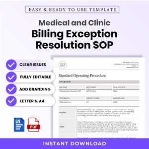 May include: A digital template for a Medical and Clinic Billing Exception Resolution SOP document. The page includes sections for Overview, Purpose, and Scope, with placeholders for branding, SOP numbers, and dates. Includes Word and PDF icons.