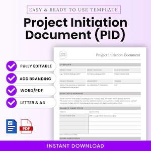 Simple Project Initiation Document Template (Word, PDF) | Project Update Template, Status Report, Editable PID Template, Project Plan