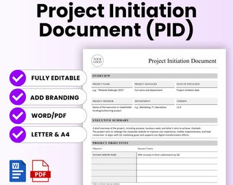 Simple Project Initiation Document Template (Word, PDF) | Project Update Template, Status Report, Editable PID Template, Project Plan