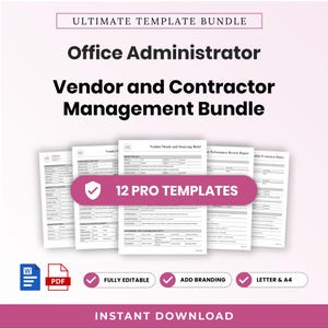 Op de afbeelding: Een digitaal documentenpakket getiteld Ultimate Template Bundle voor leveranciers- en aannemersbeheer. Het bevat 12 professionele sjablonen in Word- en PDF-indeling, met bewerkbare formulieren voor leveranciersbehoeften en evaluaties.