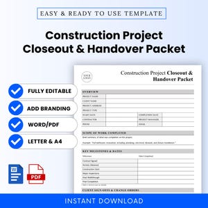 Może przedstawiać: Biało-niebieski szablon zatytułowany "Construction Project Closeout & Handover Packet". Zawiera "W pełni edytowalny", "Dodaj markę", "Word/PDF" i "Letter & A4". Zawiera sekcje dotyczące szczegółów projektu i kamieni milowych. Tekst "Natychmiastowe pobieranie" na dole.