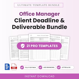 以下が含まれることがあります： Ultimate Template Bundle Office Manager Client Deadline & Deliverable Bundleというタイトルのデジタルドキュメントバンドル。21種類のプロ用テンプレートが含まれています。WordとPDFのアイコン、完全に編集可能、ブランディングの追加、レター＆A4サイズというテキストが表示されています。