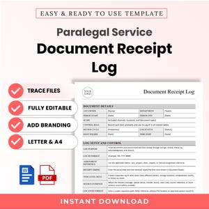 May include: A digital template for a Paralegal Service Document Receipt Log. The document features sections for Document Details and Log Setup and Control. It includes text labels for Trace Files, Fully Editable, Add Branding, and Letter & A4.