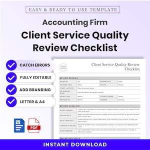 Può includere: Un modello di lista di controllo per la qualità del servizio clienti per studi contabili. Il documento include sezioni per i dettagli della revisione, le linee guida e la configurazione pre-revisione. Presenta segni di spunta per errori.