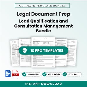 Op de afbeelding: Een digitaal pakket met juridische documentsjablonen, inclusief een checklist voor leadkwalificatie en een logboek voor prospectopvolging. De tekst luidt Ultimate Template Bundle, Legal Document Prep, Lead Qualification and Consultation Management Bundle en 10 Pro Templates.