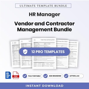 Op de afbeelding: Een digitaal documentenpakket getiteld Ultimate Template Bundle voor HR-manager leveranciers- en contractbeheer. Het bevat 12 professionele sjablonen, waaronder een briefing voor leveranciersbehoeften en inkoop, en een evaluatiematrix.