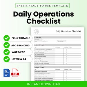May include: A white Daily Operations Checklist template with green accents. The checklist includes sections for opening and midday tasks. Text includes "Fully Editable," "Add Branding," "Word/PDF," and "Letter & A4."