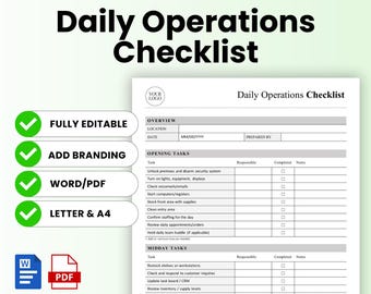 Puede incluir: Una plantilla de lista de verificación de operaciones diarias en blanco con detalles en verde. La lista de verificación incluye secciones para tareas de apertura y mediodía. El texto incluye "Totalmente editable", "Agregar marca".
