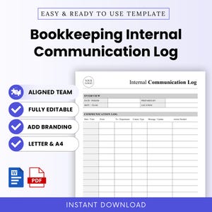 Pode incluir: Um modelo digital de registo de comunicação interna para contabilidade, com uma secção de resumo e uma tabela detalhada. O documento inclui campos para data, período, departamento, equipa, localização e ações necessárias. Disponível em formatos Word e PDF.
