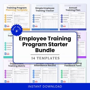 Puede incluir: Un paquete de inicio del programa de capacitación para empleados con 14 plantillas. La imagen presenta varias plantillas de capacitación, incluido un plan de capacitación, un rastreador de capacitación de empleados y un plan de capacitación anual. Las plantillas están etiquetadas como totalmente editables y listas para usar.