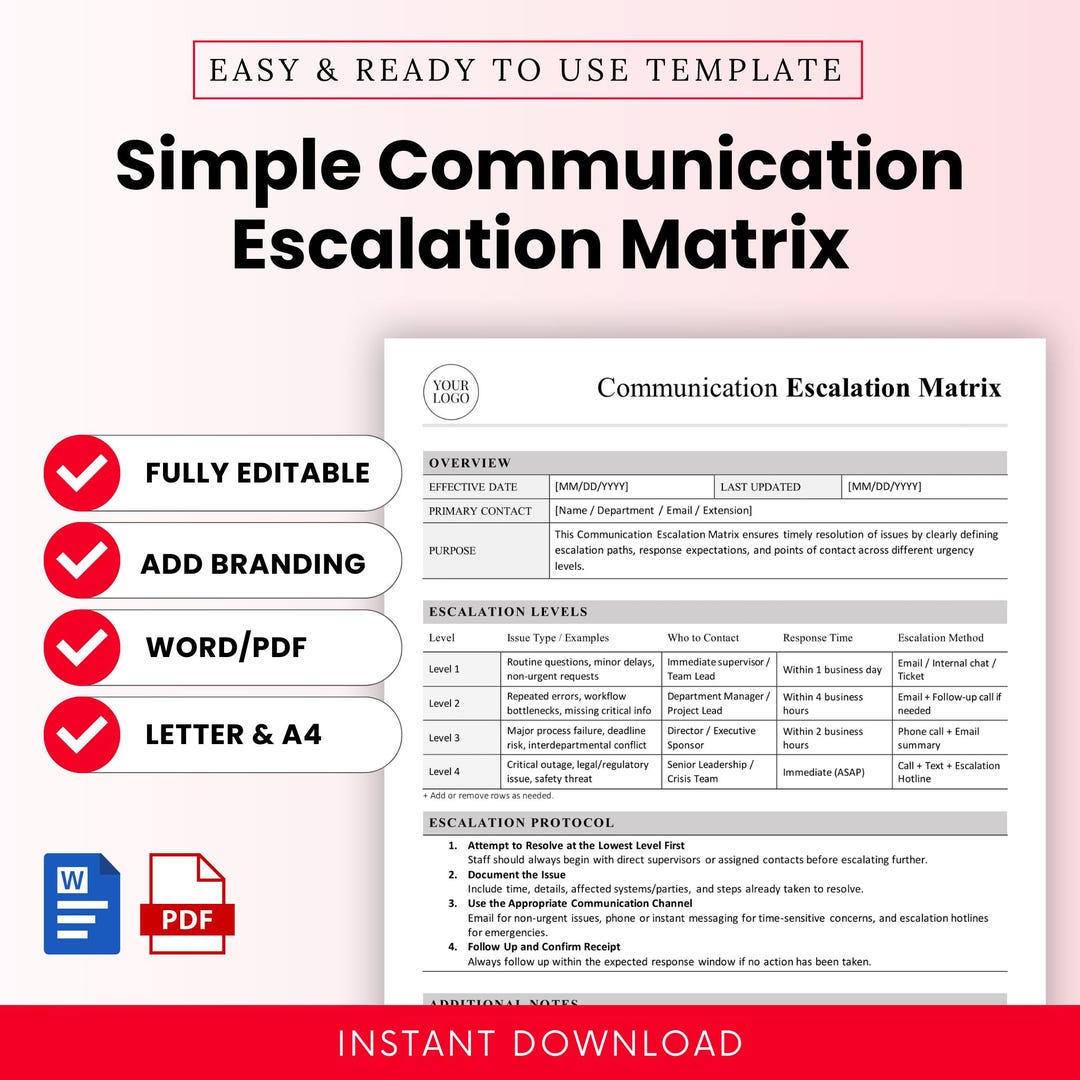 Matrix Email Format Simple Communication Escalation Matrix Template – Word & PDF, A4 + US ...