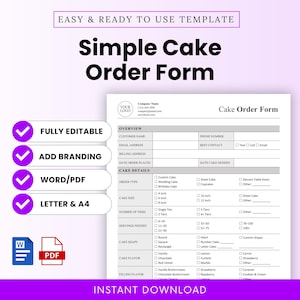 Puede incluir: Un sencillo formulario de pedido de pastel con fondo blanco y texto negro. El formulario incluye secciones para información del cliente, detalles del pastel y opciones de sabor. El formulario es totalmente editable, permite la marca y está en Word/PDF.