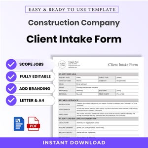 Op de afbeelding: Een digitaal sjabloon voor een klantintakeformulier voor bouwbedrijven met secties voor klantgegevens, instructies en factuurinformatie. Het document bevat tekstvelden voor contactgegevens en projectdetails, beschikbaar in Word- en PDF-bestandsindelingen.