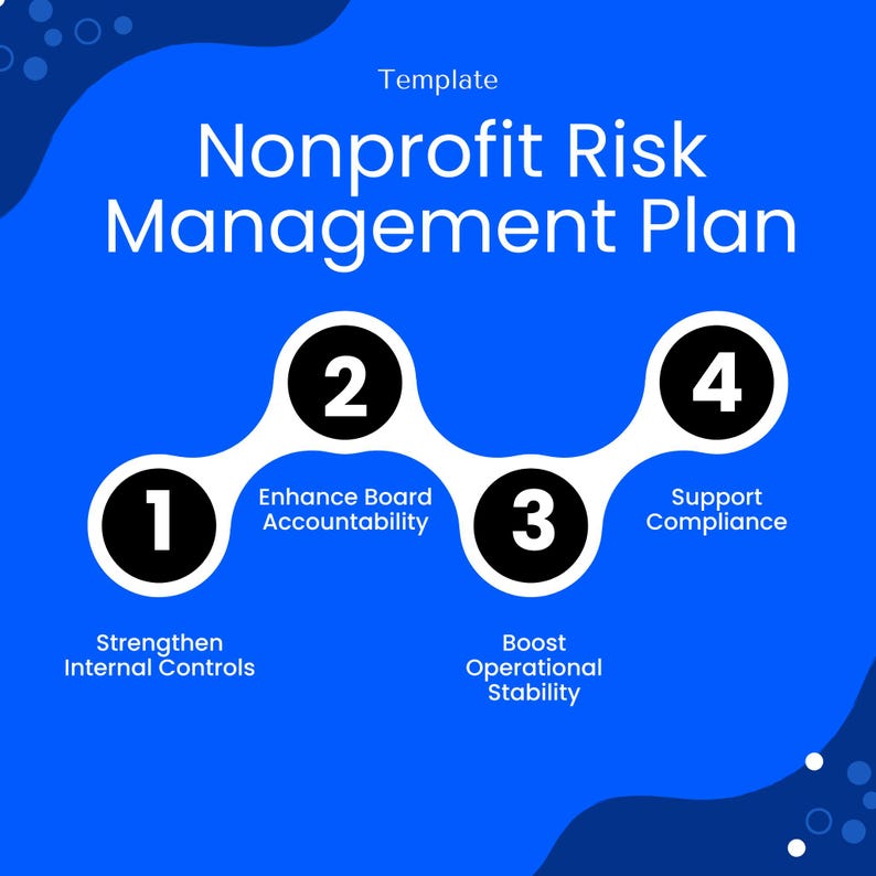 Infographic-style image listing key benefits of using the Nonprofit Risk Management Template, such as strengthening internal controls, enhancing board accountability, boosting operational resilience, and supporting nonprofit compliance standards.