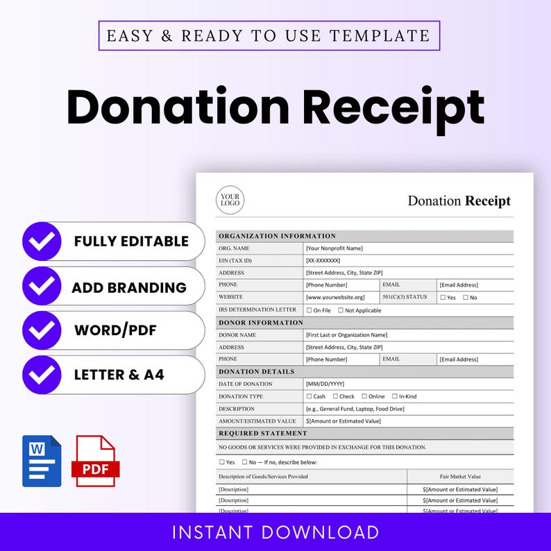 Donation Receipt Template – Word & PDF, A4 + US Letter - Etsy