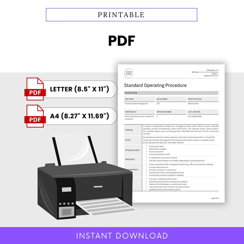 Purchase Order Management SOP Template (word, PDF) | Simple Standard ...