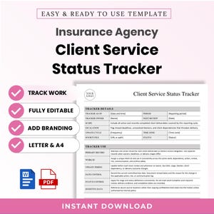 May include: An Insurance Agency Client Service Status Tracker template featuring a document layout with sections for tracker details and usage instructions. The design includes pink checkmark icons, Word and PDF file icons, and text labels.