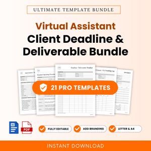 Könnte beinhalten: Ein digitales Vorlagenpaket für virtuelle Assistenten mit dem Text Ultimate Template Bundle, Virtual Assistant Client Deadline & Deliverable Bundle und 21 Pro Templates. Enthält Word- und PDF-Dokumentsymbole sowie bearbeitbare Funktionen.