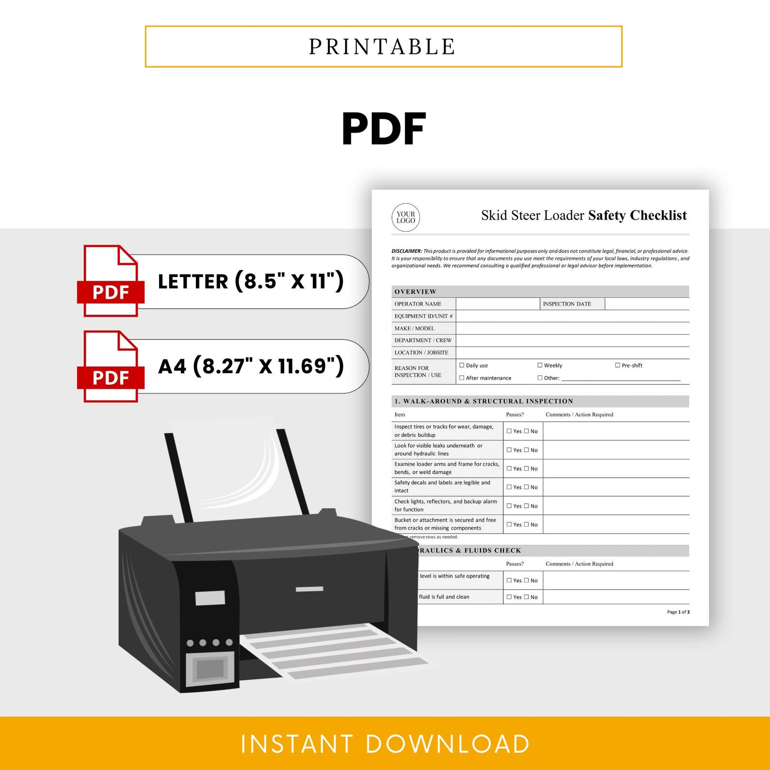 Loader Checklist Format Skid Steer Loader Safety Checklist Template – Word & PDF, A4 + US ...