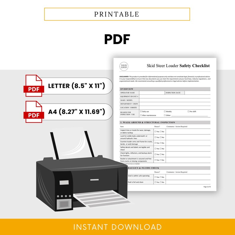 Skid Steer Loader Safety Checklist Template – Word & PDF, A4 + US ...