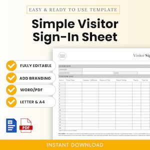 Può includere: Un semplice modello di registro dei visitatori con sfondo bianco e testo nero. Il design include sezioni per le informazioni sui visitatori, l'azienda e l'ora. Include completamente modificabile, aggiungi branding, Word/PDF e A4.