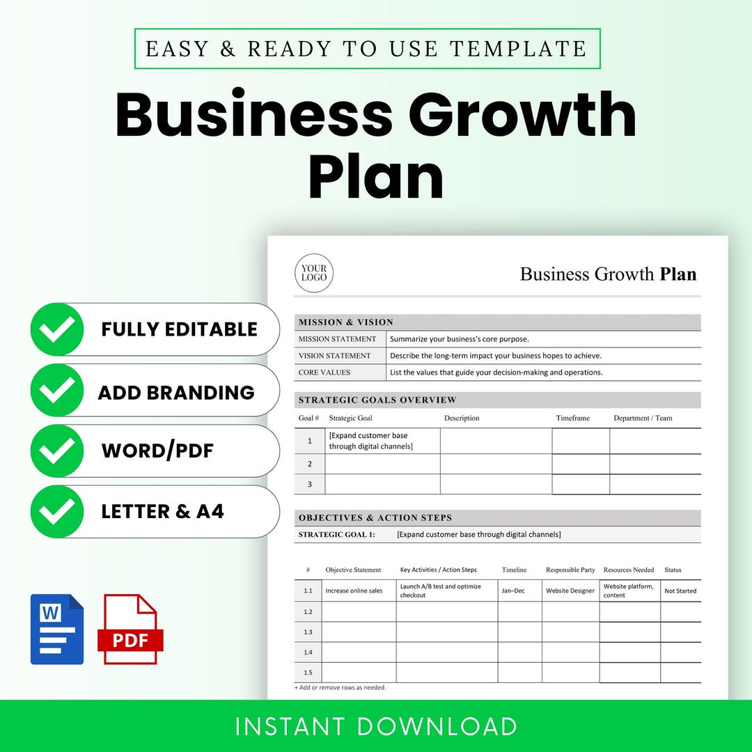Business Growth Plan Template – Word & PDF, A4 + US Letter - Etsy