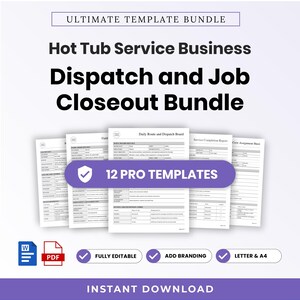 Op de afbeelding: Een digitaal sjabloonpakket voor een hot tub-servicebedrijf, met 12 professionele sjablonen voor dispatching en taakafsluiting. De documenten zijn wit met zwarte tekst, geschikt voor Word en PDF, en bevatten opties voor het toevoegen van branding.