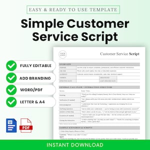 Op de afbeelding: Een wit en groen klantenservicescript template met de tekst "Simple Customer Service Script". Inclusief "Volledig bewerkbaar", "Branding toevoegen", "Word/PDF" en "Letter & A4". Ontworpen voor telefoongesprekken, e-mails en live chat.