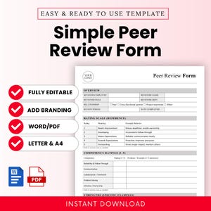 Puede incluir: Una plantilla de formulario de revisión por pares en blanco y negro con el texto "Simple Peer Review Form". Incluye "Totalmente editable", "Agregar marca", "Word/PDF" y "Carta y A4". Incluye secciones para descripción general, escala de calificación y calificaciones de competencia.