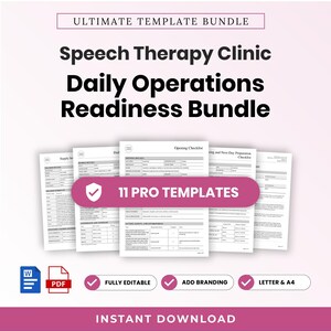 May include: A digital template bundle for speech therapy clinic daily operations, featuring 11 pro templates including opening checklists and supply inventories. The documents are fully editable, available in Word and PDF formats, and sized for Letter and A4.