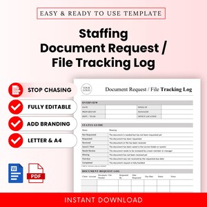 Op de afbeelding: Een sjabloon voor een personeelsdocumentverzoek en bestandsvolglogboek met een statusgids en logtabel. Het document bevat secties voor overzicht, datum, opgesteld door en afdeling. Beschikbaar in Word- en PDF-formaten voor A4-formaat.