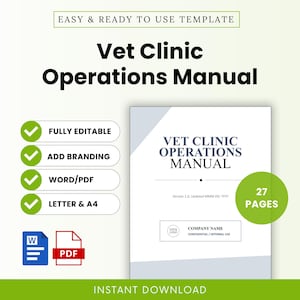 Pode incluir: Um modelo digital de manual de operações para clínica veterinária com 27 páginas. O documento é totalmente editável em formatos Word ou PDF, inclui espaço para branding e está disponível nos tamanhos Letter e A4 com espaços reservados.