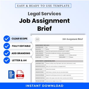 May include: A digital template for a Legal Services Job Assignment Brief. The document includes sections for assignment details and administration with fields for requester, scope, and dates. It features blue checkmark icons and text labels.