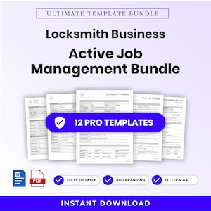 May include: A digital Locksmith Business Active Job Management Bundle featuring 12 pro templates in Word and PDF formats. The documents include a Job Handoff Worksheet, Punch List Template, and Lookahead Schedule Template, all fully editable.