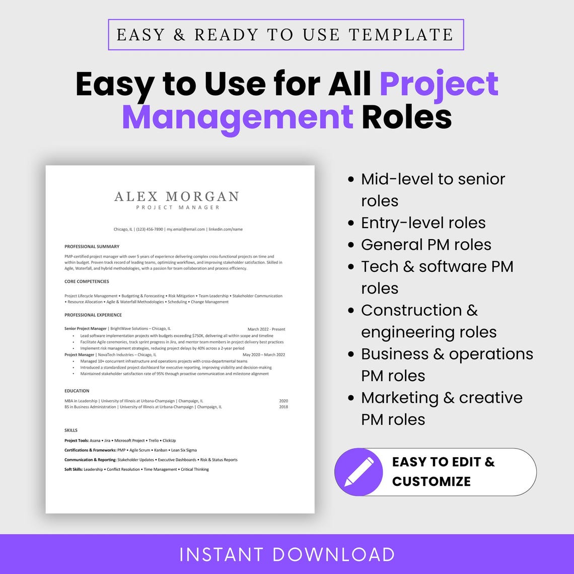 Project Manager Resume Template (word, PDF) | Ats-friendly Resume, PM ...