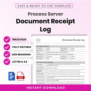 May include: A Process Server Document Receipt Log template featuring sections for document details and log setup. The document includes fields for log owner, department, period, and control rules. Icons for Word and PDF formats are displayed.