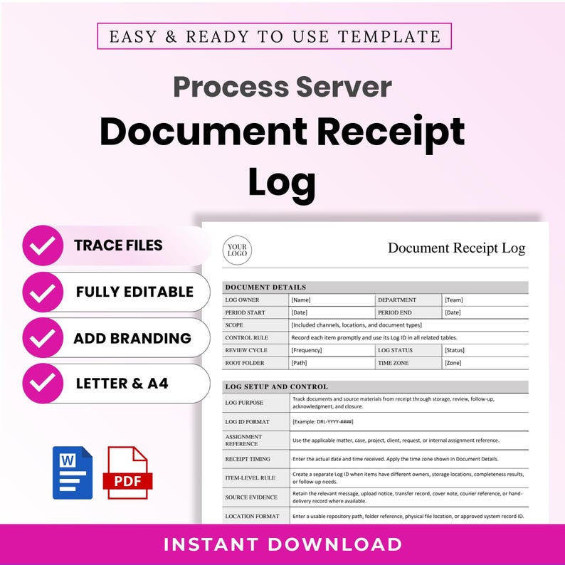 Hero image for the Document Receipt Log, a professional intake and file-tracking document for process servers who receive court papers, case files, and service materials.