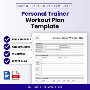 Könnte beinhalten: Eine weiße Vorlage für einen Personal Trainer Workout Plan mit dem Text "Personal Trainer Workout Plan Template" in großen, fetten Buchstaben. Die Vorlage enthält Abschnitte für Kundeninformationen, Wochenplan und Trainingsdetails.