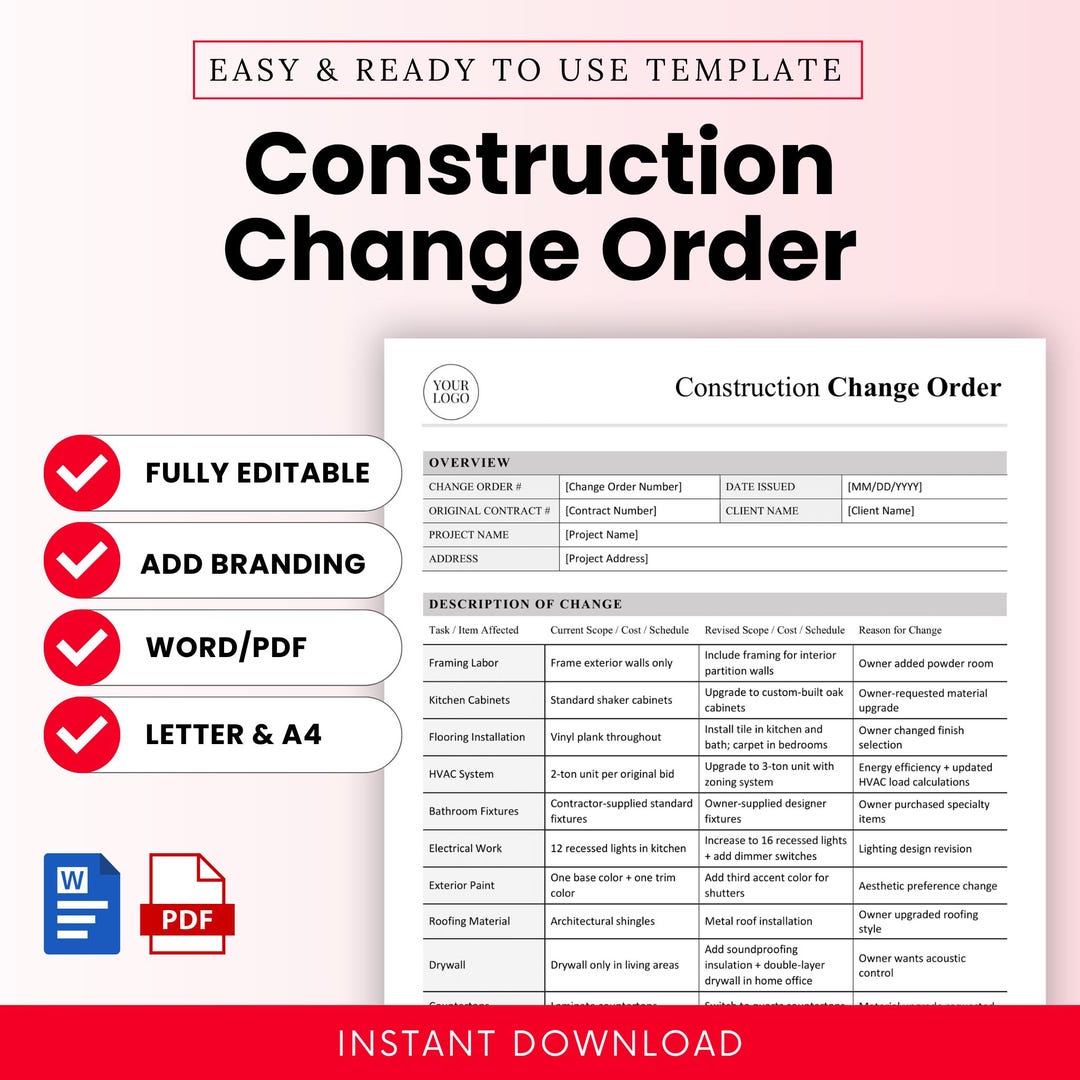 Construction Change Order Template – Word & PDF, A4 + US Letter - Etsy