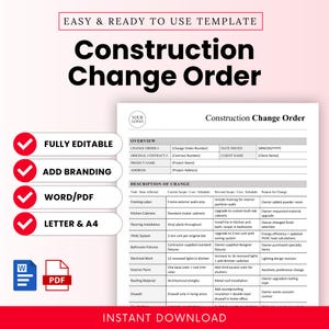 May include: A construction change order template, ready to download. The document has a pink background and includes sections for project details and change descriptions. Features include fully editable fields, branding options, and Word/PDF formats.