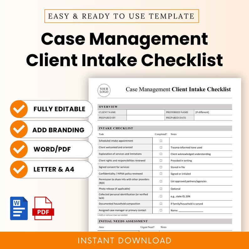Case Management Client Intake Checklist mockup with document preview, icons for Word and PDF, and highlighted features such as “Fully Editable,” “Add Branding,” “Word/PDF,” and “Letter & A4” sizes on a beige background.