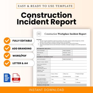 Pode incluir: Um modelo de Relatório de Incidentes de Construção, intitulado "Relatório de Incidentes de Construção". O documento inclui seções para detalhes do relatório e informações do incidente. Os recursos incluem "Totalmente editável", "Adicionar marca" e "Word/PDF".