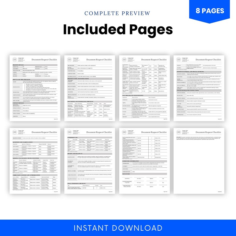 Eight-page Document Request Checklist preview grid showing the professional layouts provided for litigation support document collection and submission tracking.