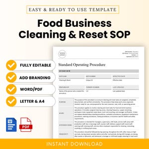 Puede incluir: Una plantilla de documento SOP de limpieza y reinicio para negocios de alimentos con secciones de resumen, propósito, alcance, usuarios y frecuencia. Incluye espacios para logo, número de SOP, versión y fecha, junto con iconos de Word y PDF.