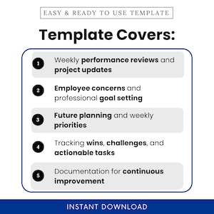 Visual breakdown of the Manager Meeting Agenda Template features including performance reviews, goal setting, planning, task tracking, and continuous improvement—ideal for structured weekly 1:1s.
