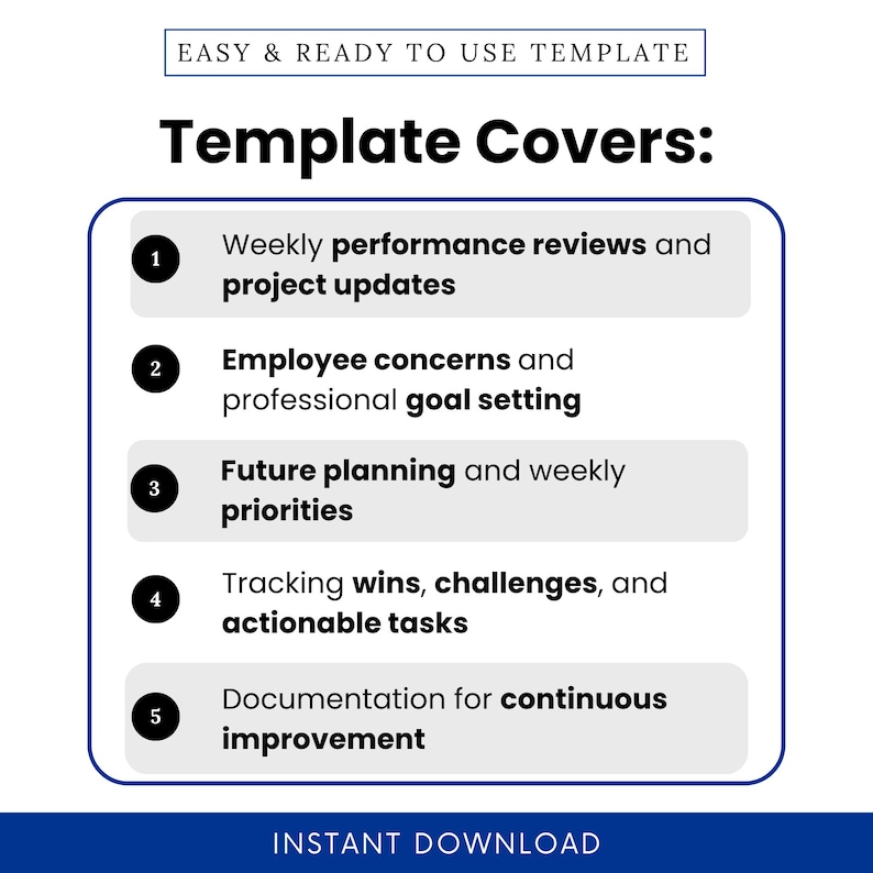 Visual breakdown of the Manager Meeting Agenda Template features including performance reviews, goal setting, planning, task tracking, and continuous improvement—ideal for structured weekly 1:1s.