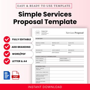 以下が含まれることがあります： 「Simple Services Proposal Template」というタイトルの白とピンクのテンプレートで、上部に「Easy & Ready to Use Template」というテキストがあります。「Fully Editable」、「Add Branding」、「Word/PDF」、「Letter & A4」などの機能があります。