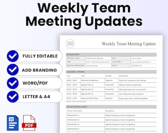 Weekly Team Meeting Updates Template (Word, PDF) | Simple Meeting Agenda Template, Admin HR Business Document, Printable Meeting Minutes