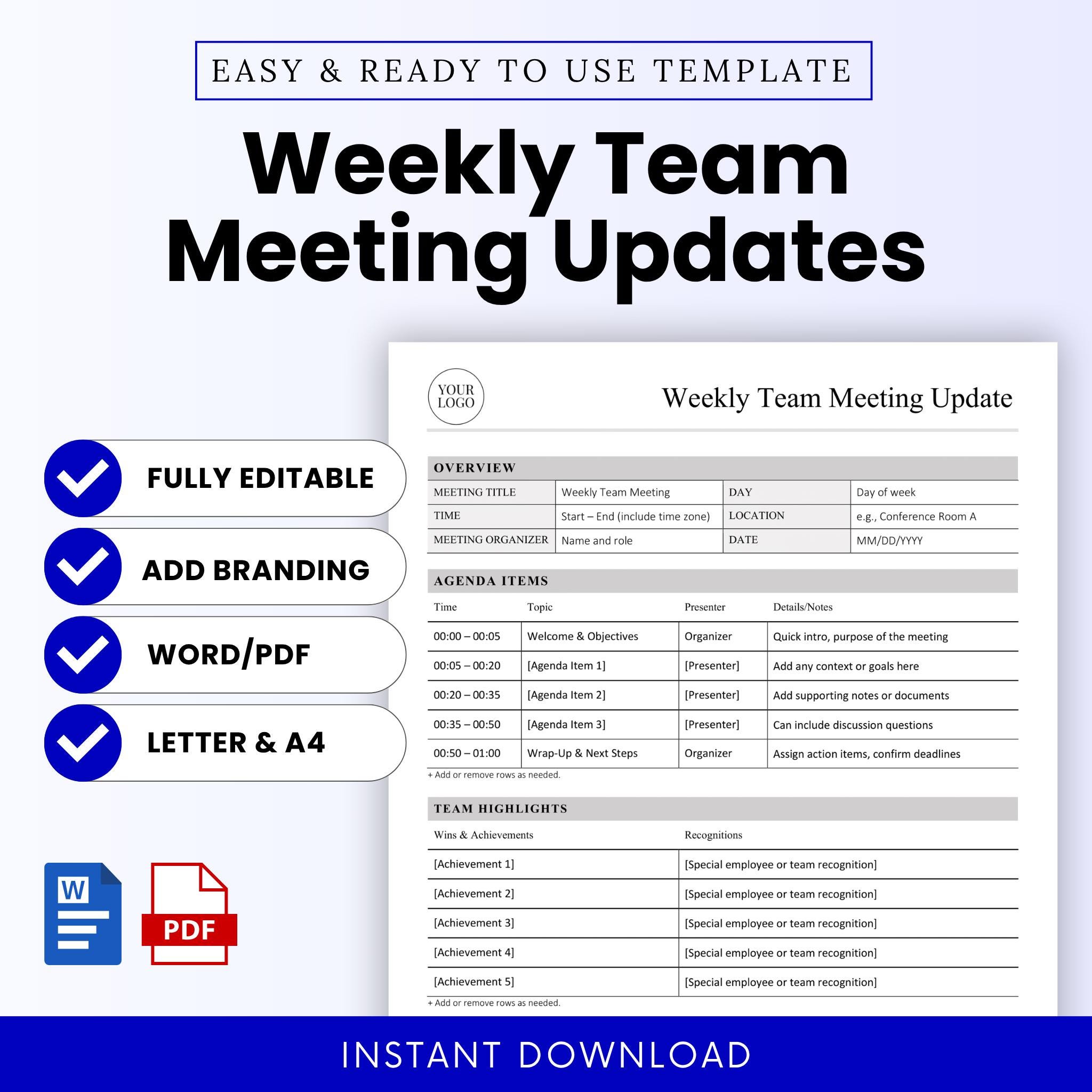 Updates Printable Weekly Team Meeting Updates Template (word, PDF) | Simple Meeting ...