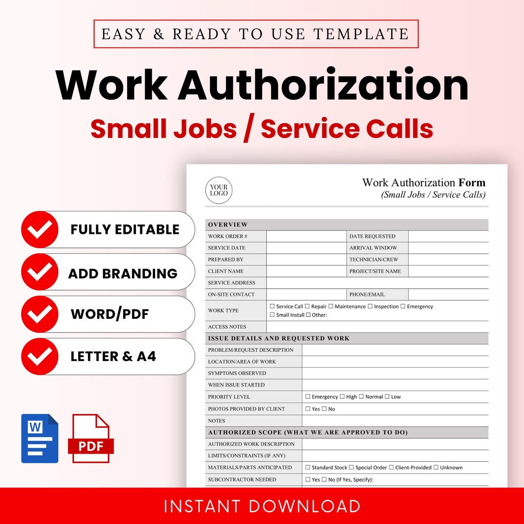Work Authorization Form Template (small Jobs and Service Calls) – Word ...